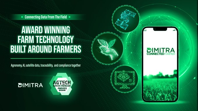 A promotional graphic for Dimitra (ticker $DMTR) showcasing their "Connected Farmer" mobile app, featuring the tagline "Award Winning Farm Technology Built Around Farmers" and celebrating their 2026 AgTech Breakthrough Award for Overall AgTech Solution of the Year, with imagery of a smartphone displaying their platform alongside icons representing data, AI, and crop analytics.