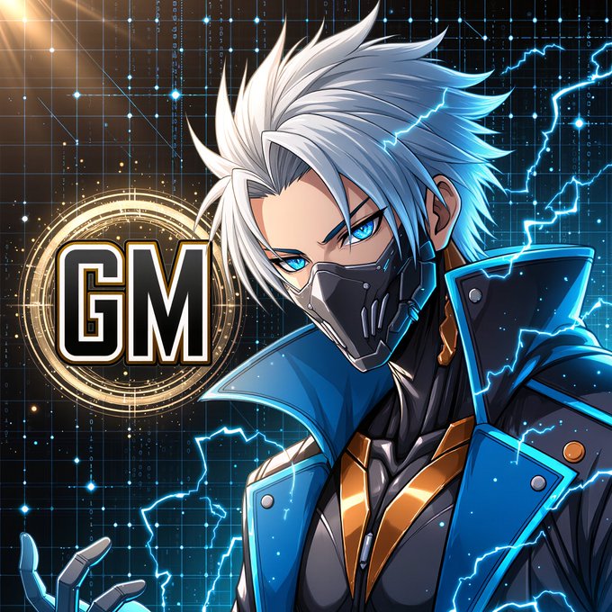 An anime-style illustration of a character with spiky white hair, a face mask, and a blue coat, set against a digital background with blue lightning and a gold 'GM' emblem.