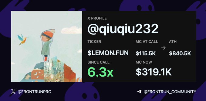 A profile card for X user @qiuqiu232 displays their $LEMON.FUN token performance, showing a 6.3x return since call, with the market cap rising from $115.5K to $319.1K and reaching an all-time high of $840.5K. The post reflects on past memecoin trades, lamenting selling too early on $CARD and another token (missing out on $5,000 and $20,000 respectively), suggesting the high-performing $LEMON.FUN call is a win worth celebrating amidst those losses.