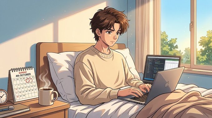 An anime-style illustration of a young man with brown hair working on a laptop while sitting in bed, with a calendar showing '4th OCTOBER' and a coffee mug on the bedside table.