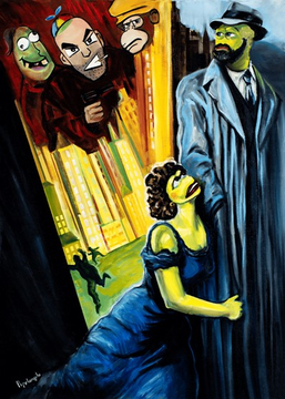 A surreal, dark painting featuring a green-skinned man in a fedora and trench coat embracing a woman in a blue dress, with three menacing figures and a small silhouette lurking in the upper left.
