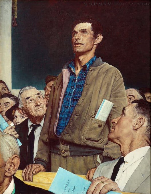 Norman Rockwell's 'Freedom of Speech' painting, showing a young man in a jacket and plaid shirt standing to speak at a town meeting, surrounded by seated community members.