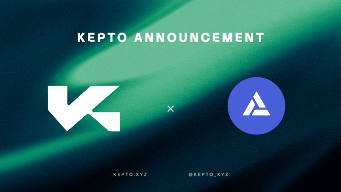 The image is a promotional graphic featuring a "KEPTO ANNOUNCEMENT" header above the white Kepto logo and the blue Alchemy logo, separated by an "×" symbol, set against a dark background with green aurora-like lighting and the handles "KEPTO.XYZ" and "@KEPTO_XYZ" at the bottom. The visual reinforces the post's message of Kepto's new integration with Alchemy, symbolizing their partnership through the connected logos.
