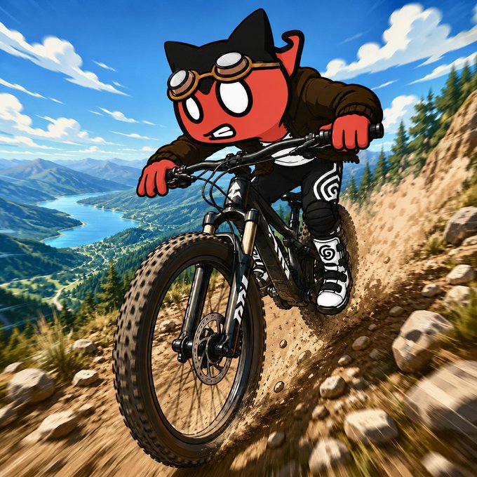 A red cartoon demon character with goggles rides a mountain bike down a steep rocky trail with a scenic lake and forest below.