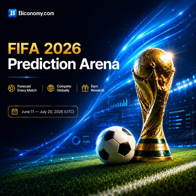 The image features a soccer ball and a golden trophy with the text "FIFA 2026 Prediction Arena" written above them. The background of the image shows a soccer field, indicating that the event is taking place at a stadium or sports venue. The poster also includes a schedule for the FIFA 2026 Prediction Arena, which suggests that it's an organized event featuring multiple matches and tournaments.