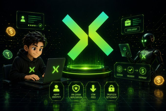 A promotional graphic for a crypto/Web3 platform featuring a 3D character working on a laptop with an 'X' logo, surrounded by icons highlighting features like agent identity, on-chain reputation, low fees, and trustless settlement.