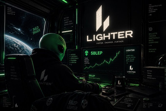 An alien in a futuristic cockpit views screens displaying the $BLEP ticker and the "LIGHTER" logo, with text highlighting AI decisions and zero-custody trading. This aligns with the post's description of $BLEP and LIGHTER as proven AI decisions with ZK-verified execution and maximum security.