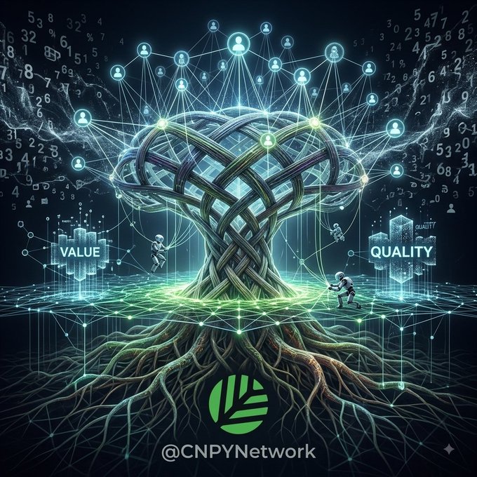A glowing, intricate tree with a braided trunk stands at the center, its roots spreading across a digital network grid while user-profile icons form a canopy of interconnected nodes above. Holographic panels labeled "VALUE" and "QUALITY" flank the tree, reinforcing the post's theme of a stake-weighted trust graph built on genuine reputation rather than vanity metrics. The "@CNPYNetwork" watermark appears at the bottom.