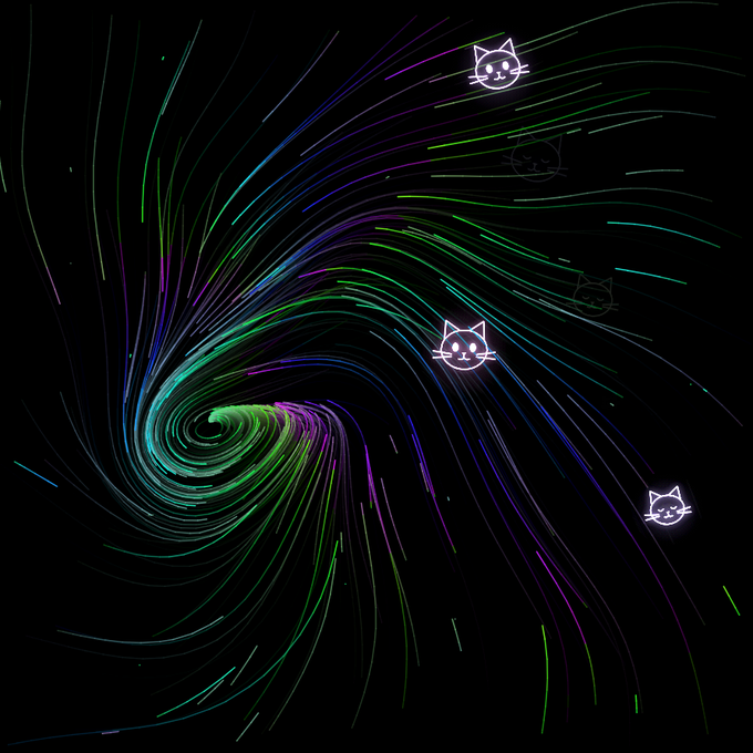 A digital illustration on a black background shows a colorful swirling vortex of lines in green, purple, and blue, accompanied by several small cartoon cat face icons.
