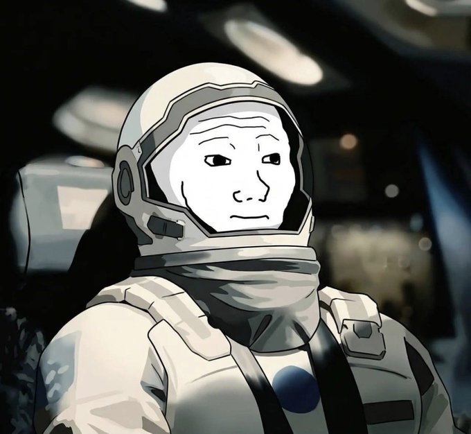 An illustrated cartoon-style portrait shows a person in a white spacesuit and helmet with a neutral expression, set against a dark blurred background.