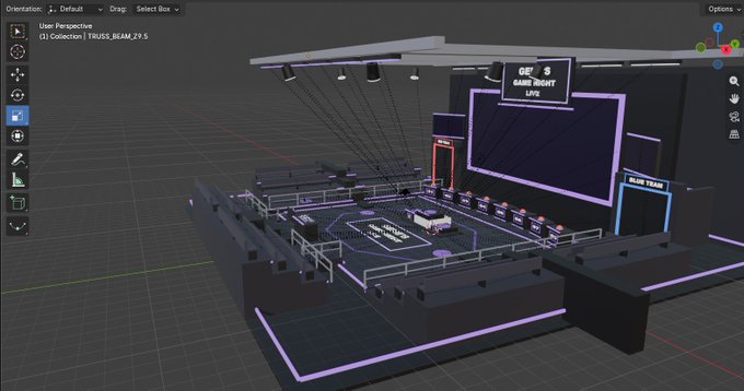 A 3D render of a futuristic 'GEE $ GAME NIGHT LIVE' arena set with purple neon lighting, tiered seating, and a central stage, displayed within a 3D modeling software interface showing 'User Perspective' and 'TRUSS_BEAM_29.5'.