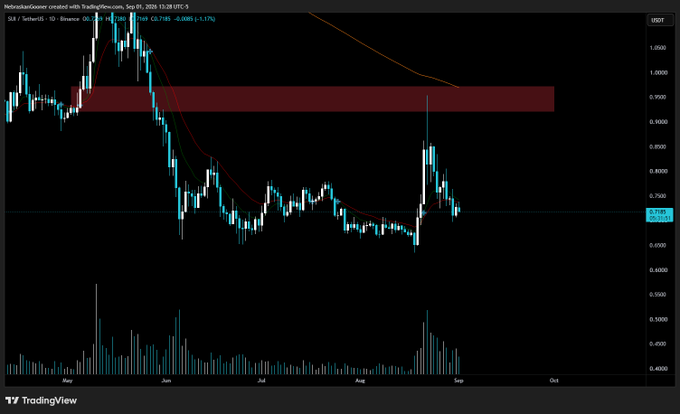 A TradingView candlestick chart of $SUI/USDT on Binance shows the token trading around $0.7185 with a 1.17% daily decline, displaying a clear downtrend since May with multiple failed attempts to break above the $0.90–$1.00 resistance zone (highlighted in red), supporting the post's view that SUI remains in a bearish "dead" structure awaiting a bullish reversal.