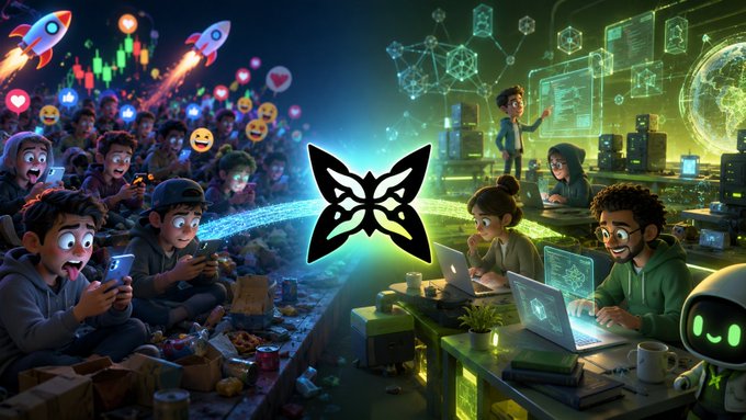 A stylized digital illustration contrasting a chaotic, emoji-filled scene on the left with people working on computers and AI interfaces on the right, separated by a butterfly/moth logo in the center.