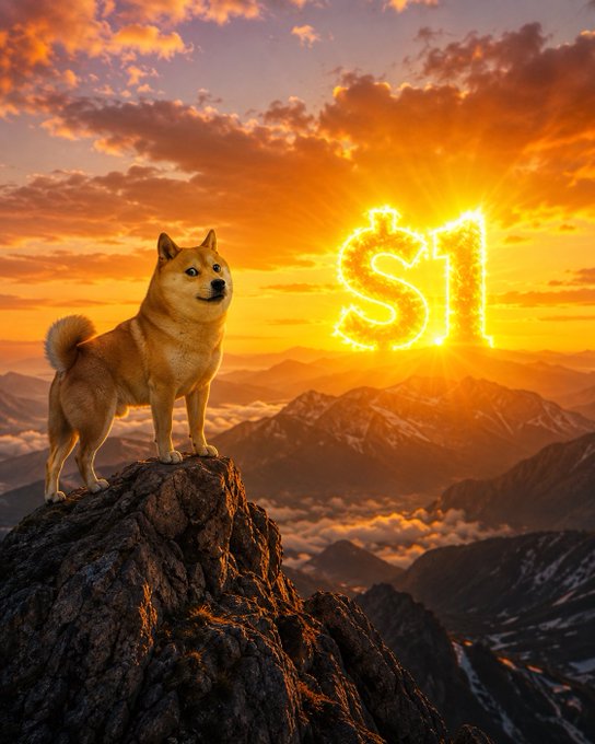 A Shiba Inu stands majestically on a mountain peak at sunrise, with the glowing text "$1" blazing in the sky beside it. The scene visualizes the post's caption about Dogecoin ($DOGE) hitting a $1 milestone, depicting the milestone as a triumphant golden sunrise alongside the iconic mascot.