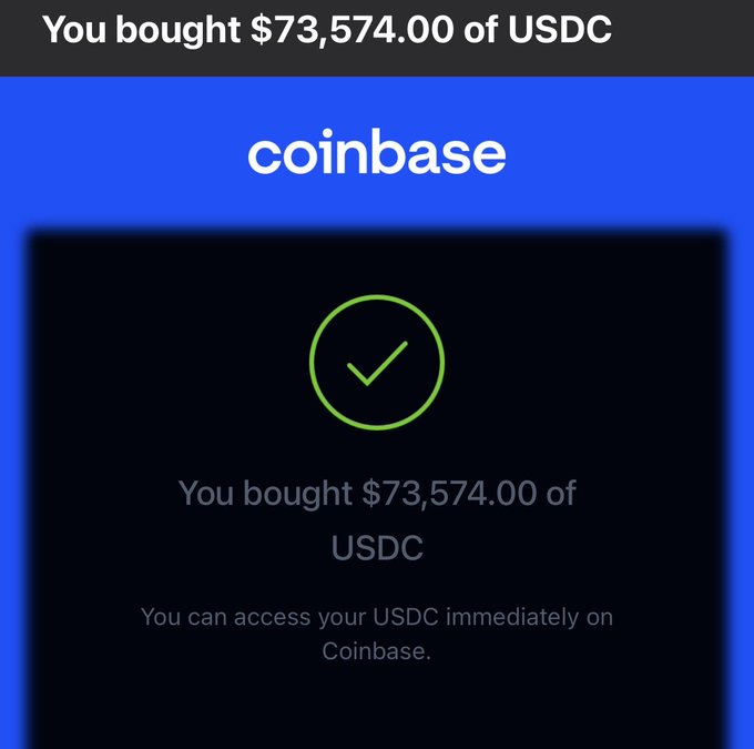 A Coinbase confirmation screen shows a successful purchase of $73,574.00 of USDC, suggesting the user is highlighting a well-timed entry into the stablecoin, possibly in anticipation of market movement.