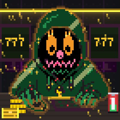 A pixel art character in a green hooded cloak with a dark face and glowing pink eyes, sitting at what appears to be a desk with coins and a red-and-white cup.
