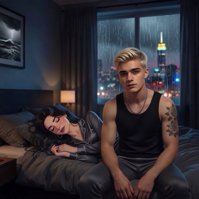 A digital illustration depicts a young man in a black tank top sitting on a bed next to a sleeping woman in silk pajamas, with a rainy nighttime cityscape featuring a glowing tower visible through the window.