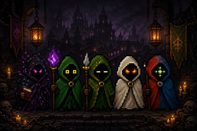 A pixel art scene showing five hooded mysterious figures with glowing eyes standing in front of a dark gothic castle lit by lanterns and candles.