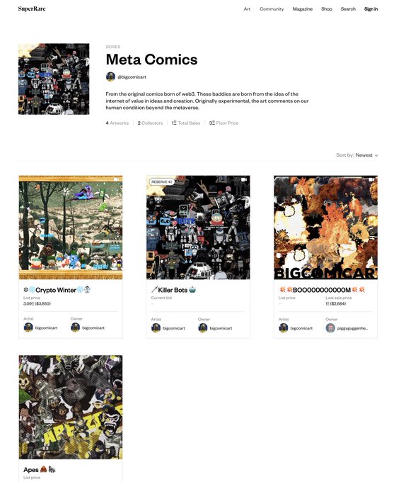 A screenshot from SuperRare showing the 'Meta Comics' series by bigcomicart, featuring artworks like 'Crypto Winter', 'Killer Bots', and 'BIGCOMICAR' displayed for sale.