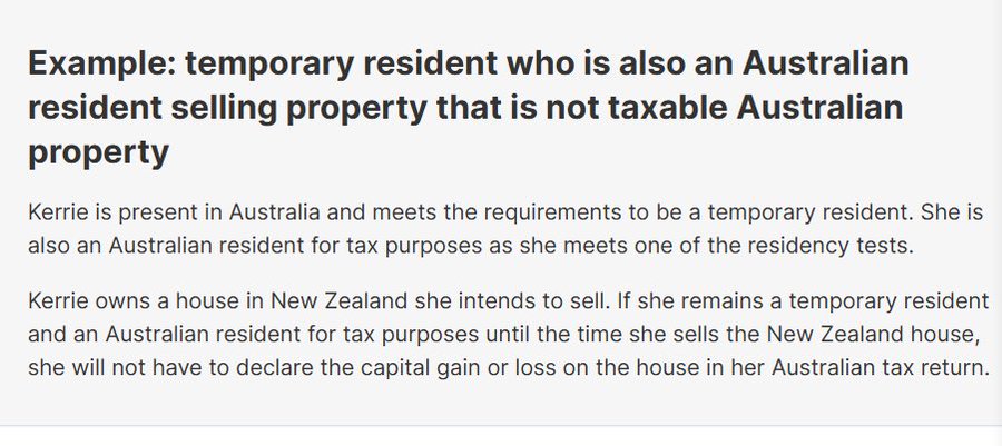 The image displays an example explaining tax implications for a temporary resident who is also an Australian resident selling non-taxable Australian property. It features a case study about "Kerrie," who is a temporary resident meeting Australian tax residency requirements and owns a house in New Zealand that she intends to sell without needing to declare the capital gain in her Australian tax return. This relates to the post by illustrating how temporary residents can structure their affairs to avoid capital gains tax on foreign property, supporting the claim about wealth-building strategies for temporary residents in Australia.