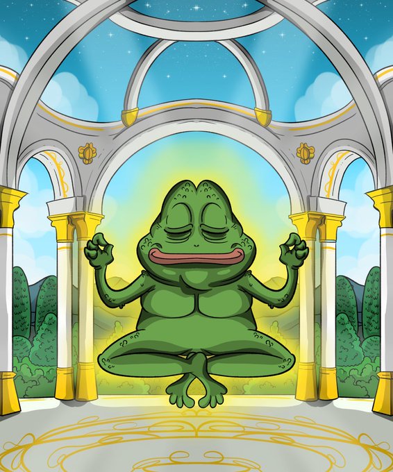 The image depicts the classic "Pepe the Frog" meditating in a lotus position inside an ornate pavilion with golden columns and a starry sky, surrounded by glowing light—mirroring the spiritual, mindfulness-themed caption "manifesting…".
