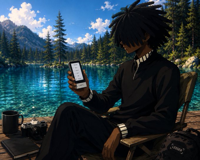 An anime-style illustration shows a character with dreadlocks in black clothing sitting in a wooden chair by a lake, looking at a smartphone, with a camera, coffee mug, and book beside them.