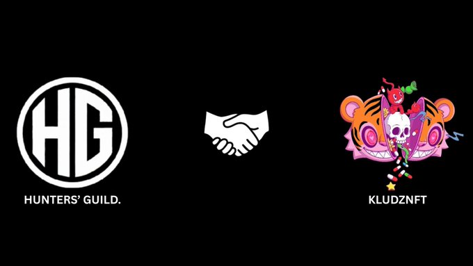 A black graphic showing a partnership between 'HUNTERS' GUILD' (HG logo) and 'KLUDZNFT' (a colorful tiger/skull illustration) with a handshake icon between them.
