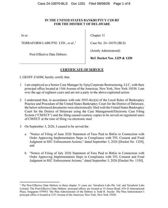 A bankruptcy court document from the United States Bankruptcy Court for the District of Delaware regarding Terraform Labs Pte. Ltd., filed on 09/08/26, containing a Certificate of Service by Geoff Zahim.