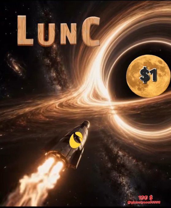 A digital artwork showing a rocket flying toward a black hole with 'LUNC' in wooden-textured text, featuring a moon marked '$1' and credit '@shibalryoon3026'.
