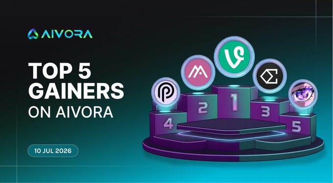 A promotional graphic for Aivora exchange titled 'TOP 5 GAINERS ON AIVORA' dated 10 JUL 2026, featuring a podium illustration displaying five cryptocurrency tokens.