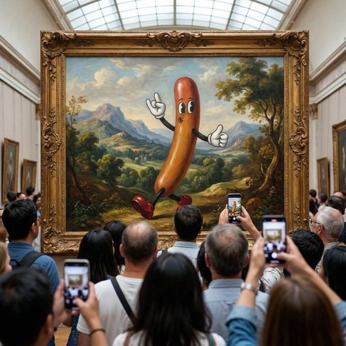 A crowd of people in an art gallery take photos with their phones of an ornate classical landscape painting that features an animated sausage character with white gloves and red shoes superimposed on it.