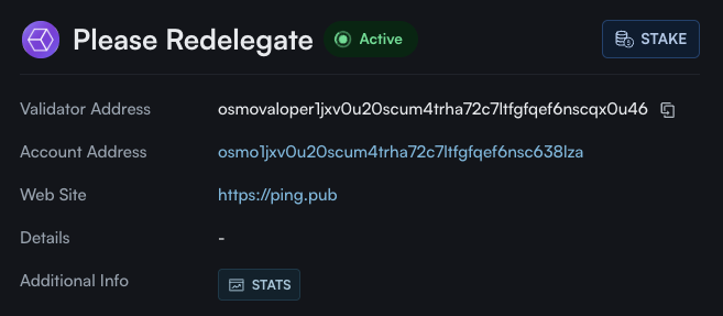 A cryptocurrency validator interface titled 'Please Redelegate' marked as 'Active', showing a Validator Address starting with 'osmovaloper1jxv0u20scum4trha72c7lftfgqef6nscqx0u46', Account Address 'osmo1jxv0u20scum4trha72c7lftfgqef6nsc638lza', and website 'https://ping.pub'.