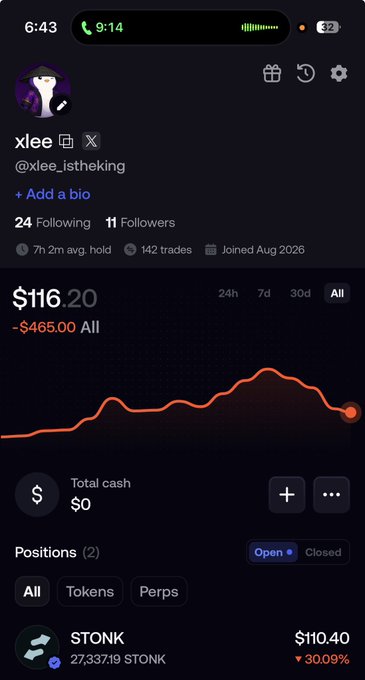 A portfolio screenshot showing user "xlee" (@xlee_istheking) with a total value of $116.20, down $465.00, holding an open $STONK position of 27,337.19 tokens currently down 30.09% at $10.40—visually illustrating the post's message of a busted plan to hit 5 figures and the user's bullish conviction on STONK recovering to a $20M market cap.