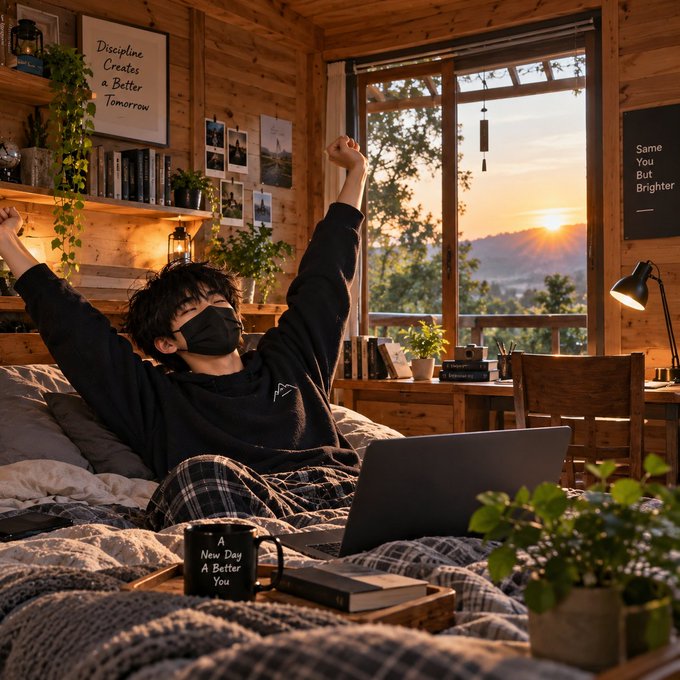 A person in a black face mask and black sweatshirt sitting in bed stretching their arms upward next to a laptop, in a cozy wooden cabin with a sunset view, featuring posters that read 'Discipline Creates a Better Tomorrow' and 'Same You But Brighter', plus a mug stating 'A New Day A Better You'.
