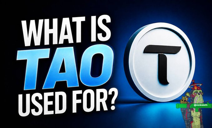 A graphic with the text 'WHAT IS TAO USED FOR?' in large letters next to a stylized 'T' logo resembling a cryptocurrency coin, with a small 'Grimskulloth' creator logo in the corner.