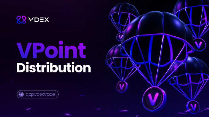 A promotional graphic for VDEX's "VPoint Distribution" features purple and black parachutes carrying "V" tokens falling against a dark background, with the website "appvdextrade" displayed. The image reinforces the post's message about earning abundant VPoints, visually symbolizing a rewarding airdrop opportunity for participants.