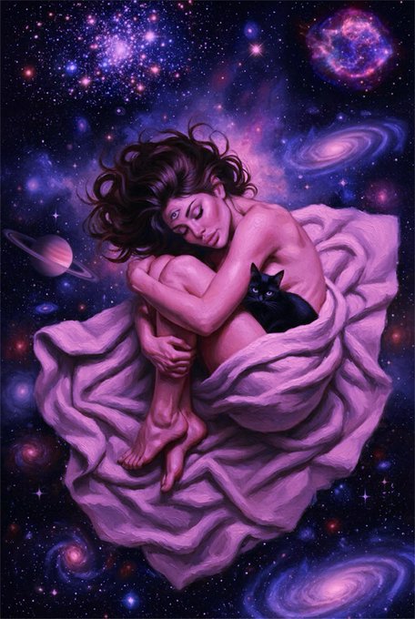 A digital artwork depicting a woman with flowing brown hair curled up on a pink blanket floating in a cosmic space scene, surrounded by stars, planets, and nebulae, while cuddling a small black cat.