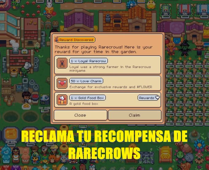A screenshot from a farming game (Rarefarm) showing a 'Reward Discovered' popup for 'Loyal Rarecrow' with text in Spanish reading 'RECLAMA TU RECOMPENSA DE RARECROWS' at the bottom.