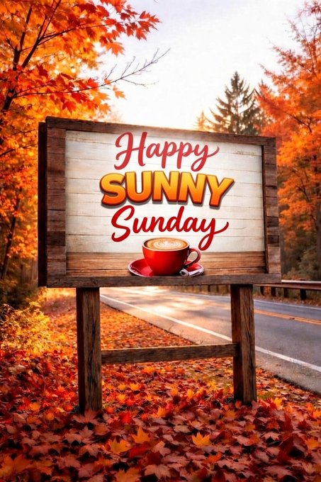 **Image 2:** A vibrant autumnal illustration showing a wooden sign on a leaf-strewn roadside with the text "Happy SUNNY Sunday" above a red coffee cup.