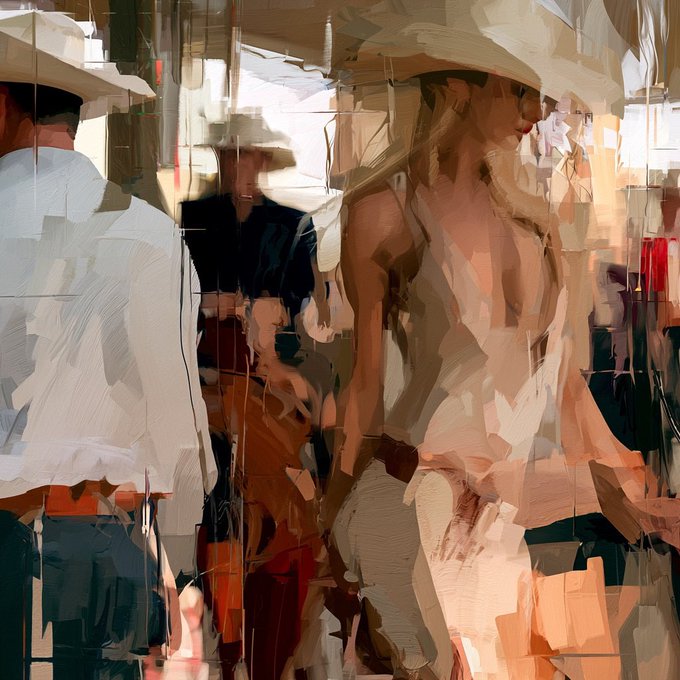 An abstract, painterly artwork depicting figures in a crowd with warm beige, brown, and white tones, featuring people in hats rendered in fragmented brushstrokes.