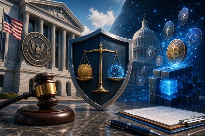 A digital collage depicts cryptocurrency regulation, featuring the U.S. Treasury, SEC, and Capitol buildings alongside a gavel, a shield with scales of justice balancing a gold Bitcoin and a blue digital cube, and floating cryptocurrency coins.