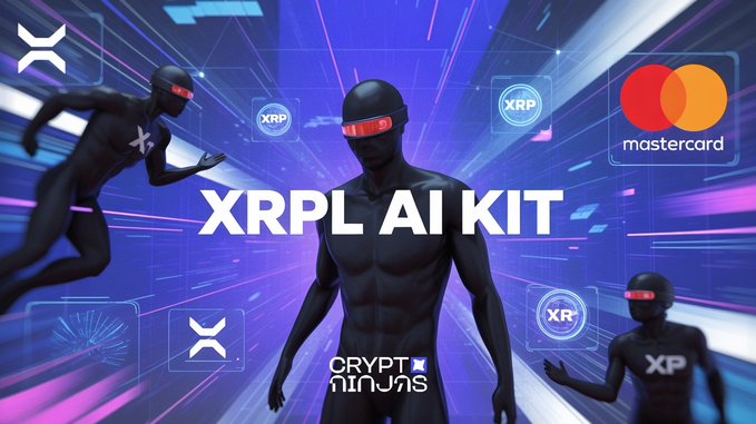 The image features a mannequin dressed in black clothing with red goggles, standing against a blue background that has purple lines. The text "XRPL AI Kit" is written above the mannequin, while "Agentic commerce is becoming the blueprint for how AI participates in the global economy". Below this, there are three other mannequins wearing black outfits and red goggles with XRP logos on them.