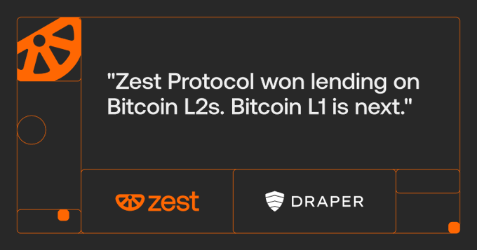 The image features an advertisement for Bitcoin lending services that includes a logo of a lemon with a slice cut out of it. The text on the image reads, "Zest Protocol won lending on Bitcoin L2s. Bitcoin L1 is next." This suggests that the company Zest has successfully secured funding to invest in Bitcoin and is now looking forward to seeing returns from their investment.