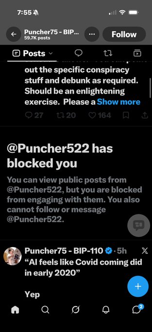 A X/Twitter screenshot showing a notification that "@Puncher522 has blocked you," preventing engagement despite the user being a fan. The accompanying post expresses surprise and confusion about the block, wondering if it relates to their pro-BIP110 stance, with a visible post from "Puncher75 - BIP-110" commenting on early 2020 COVID references.