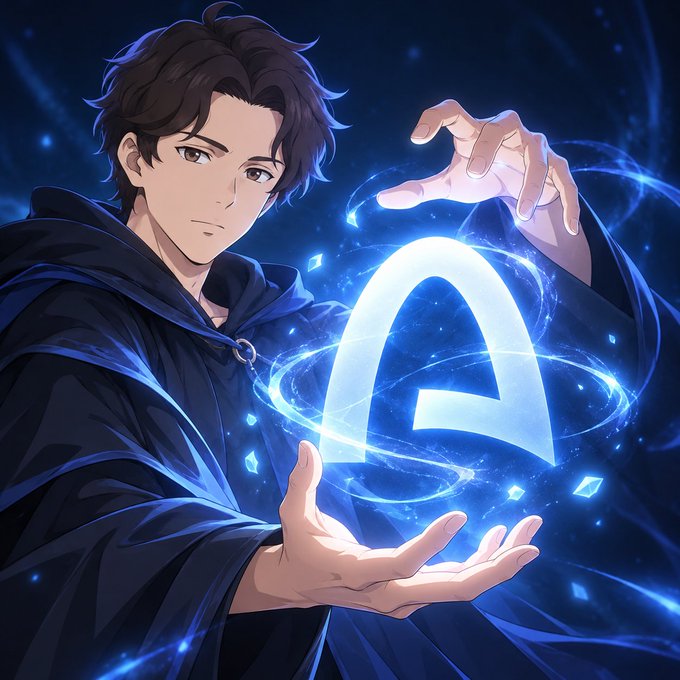 An anime-style illustration shows a young man with dark hair and a hooded cloak channeling glowing blue magic, with a stylized 'A' symbol floating between his hands.
