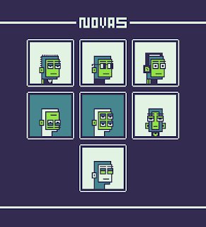 Pixel art featuring various Frankenstein-style monster characters arranged in framed boxes with the label 'NOVAS' at the top.