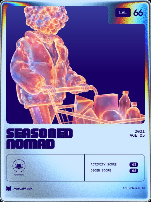 The image is a MetaMask acknowledgment card titled "Seasoned Nomad" displaying the holder as "Age 05" from 2021 with a Level 66 badge, an Activity Score of 62, and a Degen Score of 05, visually representing the user's balanced trading profile praised in the post. The card's holographic design features a figure with a cluster-like head pushing a shopping cart, reflecting the user's MetaMask NFT milestone and lighthearted comparison to Phantom's "100% Degen" culture.