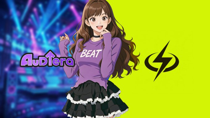 An anime-style illustration of a girl in a purple 'BEAT' sweatshirt and black skirt, with 'Audiera' text and a lightning bolt logo on a yellow background.