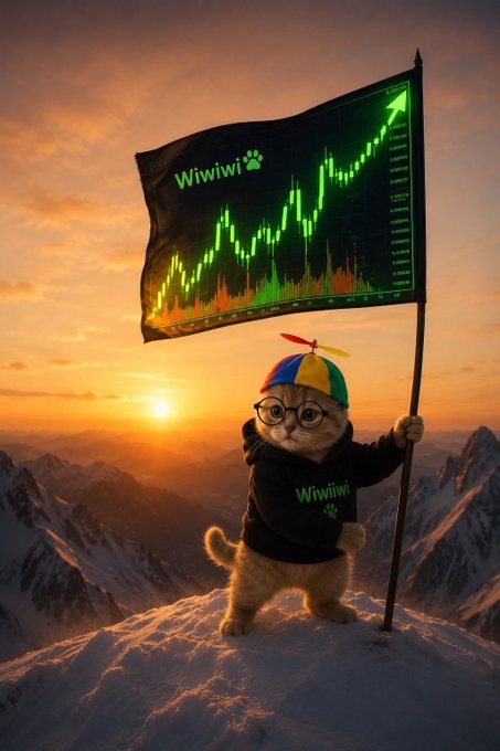 A cat wearing glasses and a colorful propeller hat stands on a snowy mountain peak at sunset, holding a large flag displaying a green crypto candlestick chart labeled 'Wiwiwi' with a rising arrow.