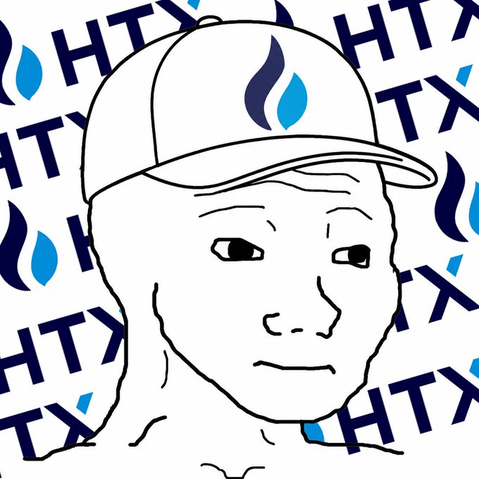 A line-art drawing of a Wojak face wearing a baseball cap with a flame logo, set against a background pattern of blue water drops and the letters 'HTX'.